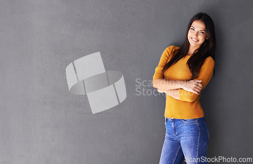 Image of Portrait, Mexican woman and mockup for fashion promotion, clothes and designs isolated on gray background. Female person, adult and model for marketing, contemporary outfit and fashionable in studio