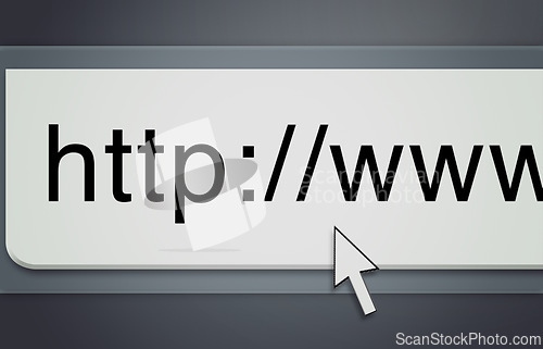 Image of Website, cursor and url of search bar on computer screen for information, worldwide surfing and server. Homepage, html or webpage address for browsing, research download and online portal on internet