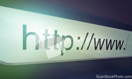 Image of Browser, website and url of search bar on computer screen for information, worldwide surfing or server. Homepage, html or webpage address with closeup, research download and online portal on internet