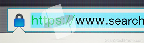 Image of Secure, website and url of search bar on computer screen for information, worldwide surfing and server. Homepage, html or webpage address with closeup, research download and online portal on internet