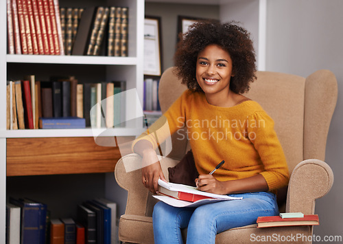 Image of Woman, portrait and library studying with books for scholarship education for university degree, college or learning. Female person, face and student research with notes for lesson, class or project