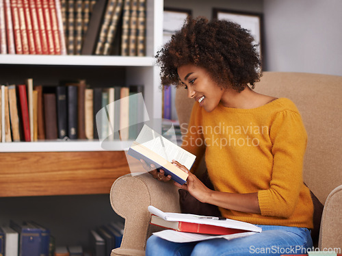 Image of Woman, book and library reading for education research on campus or scholarship degree, college or notebook. Female person, literature and shelf as student or study information, academy or knowledge