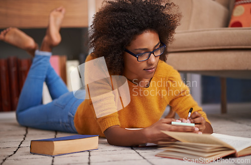 Image of Woman, student and library research with notebook for university project for writing, scholarship or learning. Female person, glasses and floor at college campus for knowledge, literature or studying