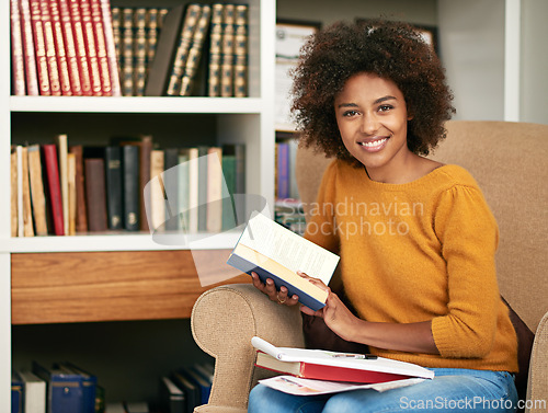 Image of Woman, portrait and library with book or university research with note or education project, academic or scholarship. Female person, face and learning knowledge on American campus, reading or college