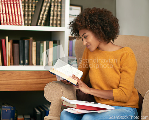 Image of Woman, book and library reading for university research on campus or scholarship degree, college or notebook. Female person, literature and shelf as student or study information, academy or knowledge