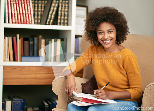 Image of Woman, portrait and library education with books or scholarship information or university degree, college or learning. Female person, face and student research with notes for lesson, class or project