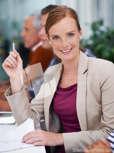 Image of Happy business woman, portrait or professional in board meeting or conference for consulting for growth. Hr consultant, positive or face in convention or training for employee retention in workplace