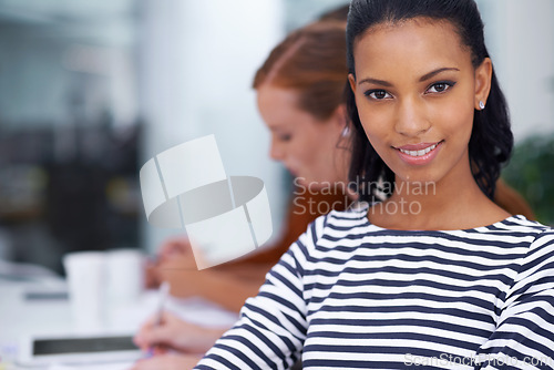 Image of Happy business woman, portrait or consultant in board meeting or workshop on career growth. Young entrepreneur, positive or face in tradeshow on startup agency, skills or training on sales or finance