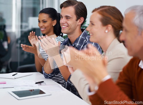 Image of Team, happy and applause in business meeting for achievement and celebration of sales in conference room. Design professional, solidarity and clapping hands for speaker and success of company growth