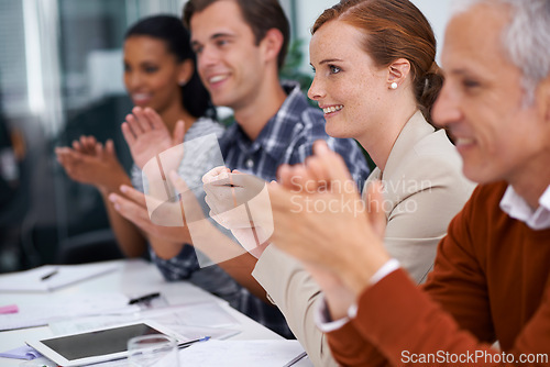 Image of Business people, happy and applause in presentation in meeting and celebration for teamwork in conference room. Accounting, success and clapping hands for speaker and achievement of company growth