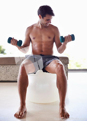 Image of Man, exercise ball and dumbbells for weightlifting, fitness and muscle training for body and self care. Topless athlete, smile and endurance in workout at home for health, wellness and strength