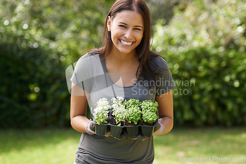 Image of Happy woman, portrait and excited for gardening with plant, sprout or leaf growth outdoor. Backyard, sustainability and face of female person in garden outside for lawn, grass or asylum seedling soil