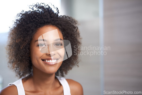 Image of Smile, skincare and portrait of black woman in home with beauty, cosmetic glow and self care. Happy, face and female person with makeup for shine, dermatology and morning routine for wellness