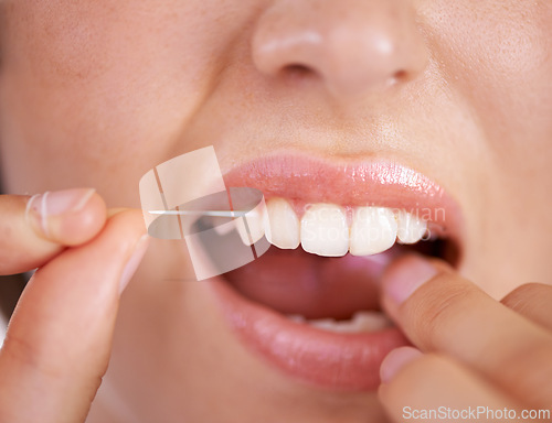 Image of Flossing, dental and closeup of woman teeth with health, wellness and clean routine for hygiene. Oral care, happy and zoom of young female person with dentistry mouth treatment for fresh breath.