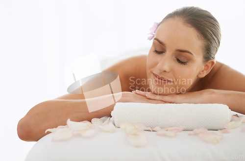 Image of Relax, massage and woman at spa for sleep with health, wellness and balance with luxury treatment. Self care, peace and girl on table for muscle therapy, comfort and zen body pamper service in mockup