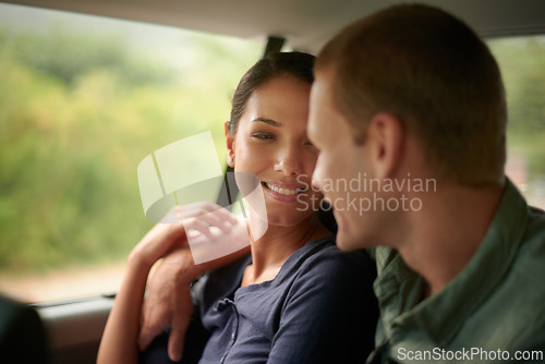 Image of Love, hug and couple in a car for road trip, bonding or romantic, vacation or adventure outdoor. Travel, transport or people embrace in vehicle for holiday, bonding and countryside journey with care