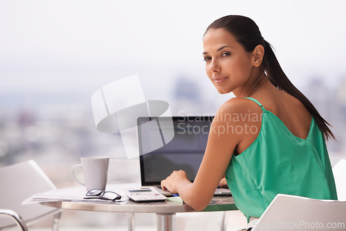 Image of Woman, outdoor and portrait with laptop for trading, stocks and remote work in finance. Calm, investor and person with computer on balcony with budget, strategy or accounting on investment profit