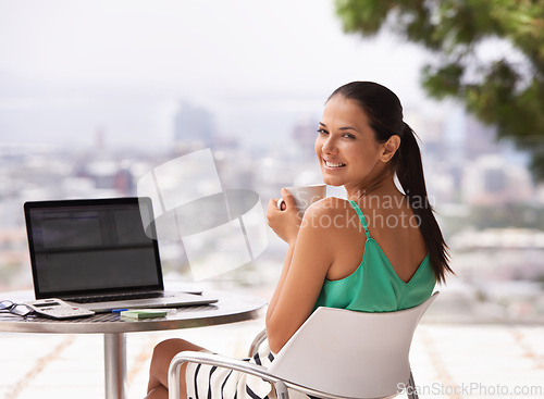 Image of Portrait, laptop and woman with coffee on balcony to relax with remote work, business and budget for finance. Happy, entrepreneur and calm accountant drink espresso outdoor at home with computer