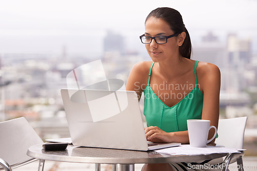 Image of Outdoor, balcony and woman with remote work on laptop for business in trading and budget for finance. City, entrepreneur and investor with coffee at home on computer reading news, research or stocks