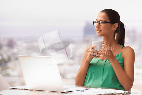 Image of Woman, thinking and outdoor with coffee and laptop for remote work in trading business and planning strategy. Entrepreneur, ideas or investor drink espresso on balcony in city with stocks on computer