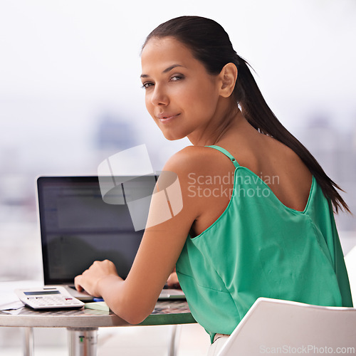 Image of Outdoor, woman and portrait with laptop for finance, trading and remote work on stock market. Calm, investor and person with computer on balcony with budget, strategy or accounting on investment