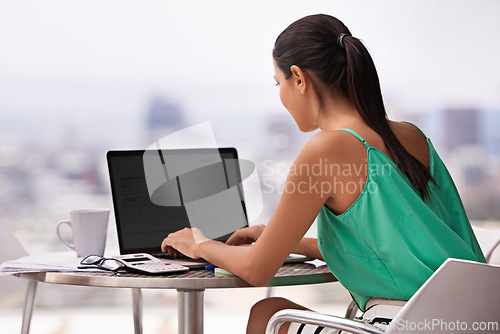 Image of Woman, outdoor and laptop screen for planning, research and copywriting on her balcony. business writer, editor or freelancer back, typing on computer for editing on website in work from home project