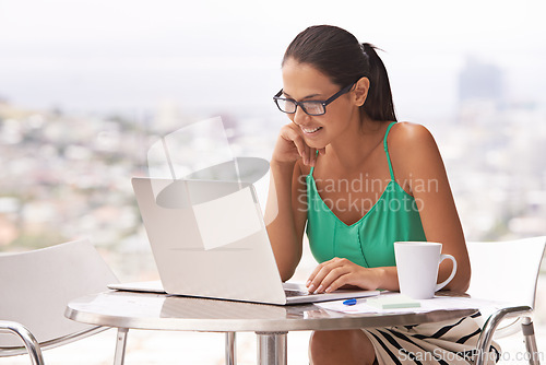 Image of Reading, outdoor and woman in city with laptop for remote work, business and research for trading stocks. Happy, entrepreneur and investor with coffee on balcony with analysis of news on computer