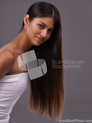 Image of Woman, hair and portrait for salon, long and style for heat and blow with keratin treatment and wash. Model with glossy and healthy roots and tips with smooth and silk for volume or cut on mockup