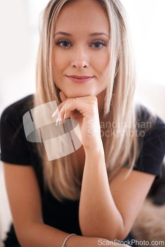 Image of Portrait, woman and thinking with hand on chin, thoughts and planning in living room. Female person, reflect and contemplating idea for future plans with face smile at home or apartment or house