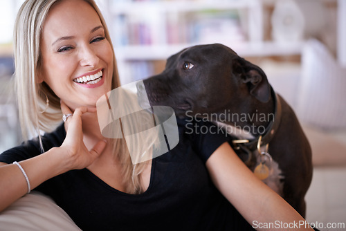 Image of Happy, portrait or woman and dog on a sofa with love, are and bonding at home together. Pets, face and female person relax with pitbull puppy in a living room with security, trust or foster safety