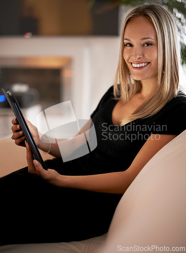 Image of Happy, portrait and woman with tablet on sofa for social media, streaming or web, search and communication at home. Digital, app or face of female person with google it, sign up or Netflix and chill