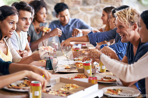 Image of Group, friends and party with pizza, celebration and diversity for joy or fun with youth. Men, women and fast food with drink, social gathering and snack for lunch or eating at italian pizzeria