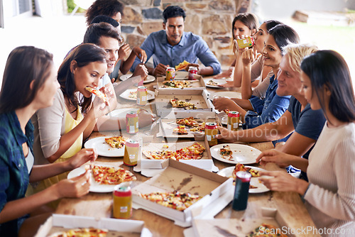 Image of Group, friends and party with pizza, restaurant and diversity for joy or fun with youth. Men, Women and fast food with drink, social gathering and snack for lunch or eating at italian pizzeria