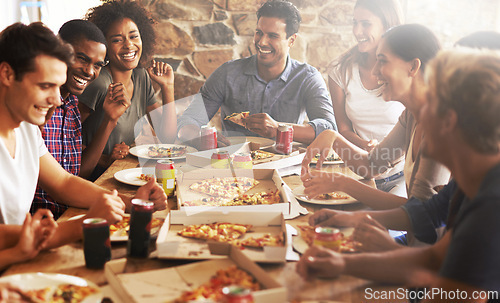 Image of Group, friends and lunch with pizza, celebration and diversity for joy or fun with youth. Men, women and fast food with drink, social gathering and snack for party or eating at italian pizzeria