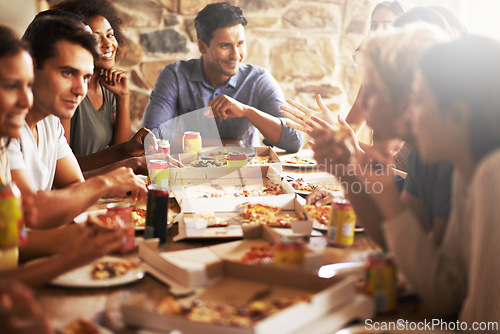 Image of Group, friends and party with pizza, discussion and diversity for joy or fun with youth. Men, Women and fast food with drink, social gathering and snack for lunch or eating at italian pizzeria