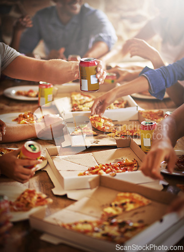 Image of Group, friends and hands with pizza, celebration and diversity for joy or fun with youth. People, soda and fast food with drink, social gathering and snack for lunch or eating at italian pizzeria