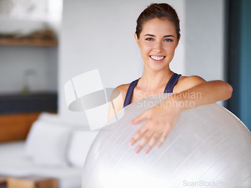 Image of Portrait, woman and ball for pilates, fitness and yoga as sport, workout and training for energy. Personal trainer, smile and equipment for exercise, health and wellness in core balance and muscle