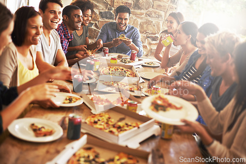 Image of Group, friends and party with pizza, social gathering and diversity for joy or fun with youth. Men, Women and fast food with drink, celebration and snack for lunch or eating at italian pizzeria