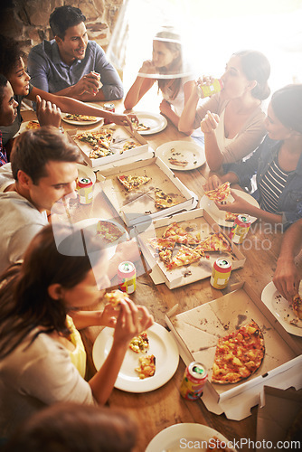 Image of Group, friends and party with snack, pizza and diversity for joy or fun with youth. Men, Women and fast food with drink, social gathering and celebration for lunch or high angle at italian pizzeria
