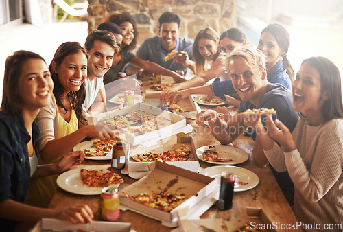 Image of Group, friends and party with fast food, celebration and diversity for joy or fun with youth. Men, Women and pizza with drink, social gathering and snack for lunch or eating at italian pizzeria
