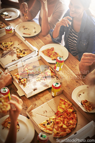 Image of Group, friends and party with pizza, gathering and diversity for joy or fun with youth. Men, Women and fast food with drink, social celebration and snack for lunch or eating with high angle of table