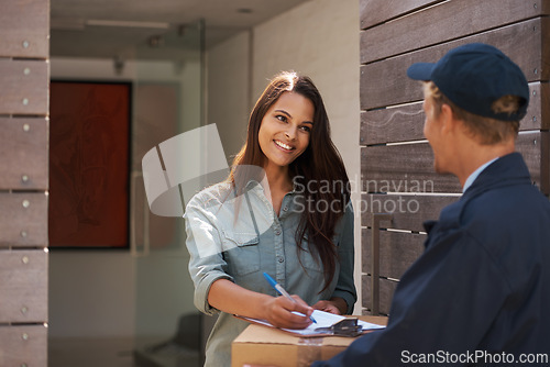 Image of Parcel, woman and courier with delivery, signature and distribution with compliance and customer. Home, front door and client with employee or industry with box and service with clipboard and package