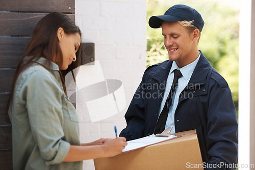 Image of Package, woman and courier with delivery, signature and parcel with compliance and customer. Home, front door and client with employee or industry with box and service with clipboard and distribution