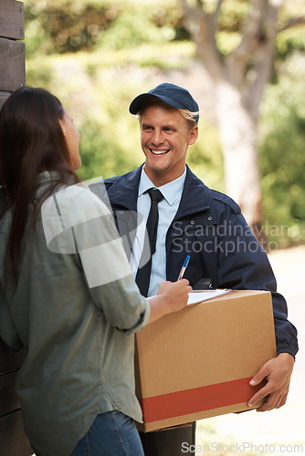 Image of Delivery, man and signature with package in box at home with clipboard at door for courier, happy and satisfied. People, shipment and woman with smile for parcel with order for house furniture