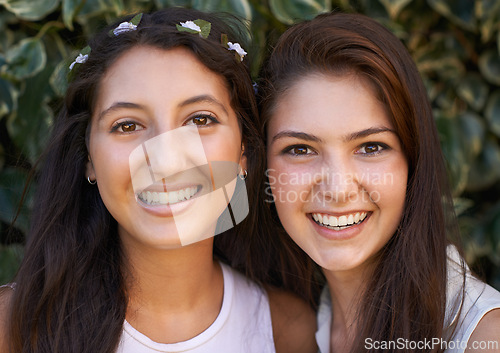 Image of Girl friends, happy and smile portrait outdoor with laugh, leaves and students on break in a park. Garden, youth and hug with grass, campus and fun together with bonding in nature with teen people