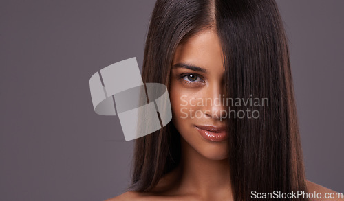 Image of Woman, hair and portrait for salon, cut and style for heat and blow with keratin treatment and wash. Model with glossy and healthy for roots and tips with smooth and silk for volume or long on mockup