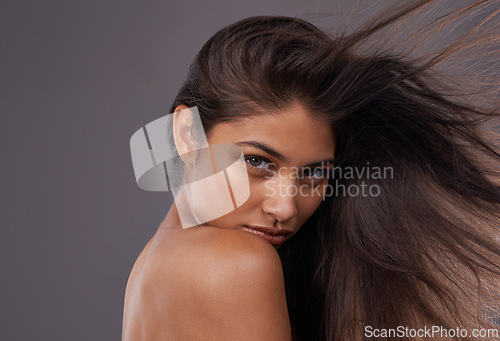 Image of Portrait, wind and closeup of woman for hair care, treatment and blow dry with mockup space isolated on studio background. Female person, breeze and hairstyle for shampoo, hairdressing and brushing