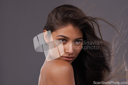 Image of Wind, blow dry and closeup of woman for hair care, treatment and beauty with mockup space isolated on studio background. Female person, model and hairstyle for shampoo, hairdressing and cosmetology