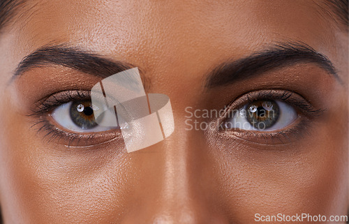 Image of Woman, eyes and eyebrows makeup as closeup of beauty cosmetics or skincare dermatology, mascara or healthy. Female person, eyeshadow and wellness lashes or closed or self care, extension or treatment