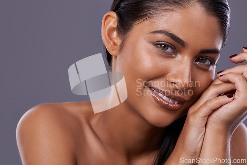 Image of Portrait, beauty or woman with makeup, dermatology or cosmetics on grey studio background. Face, person or model with wellness or healthy skin with grooming routine or shine with glow or mockup space